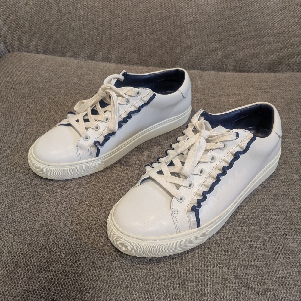 Tory Burch Sport White & Blue Leather Sneakers | Minimalist Casual Shoes - Picture 3 of 12